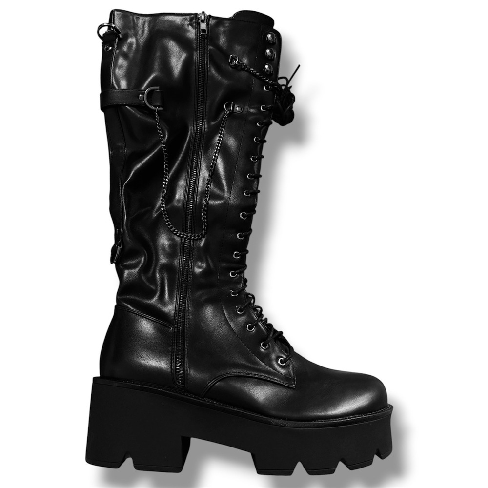 Onlymaker Sz 12 Black Gothic Punk Platform Combat Boots Knee High Chain Lug